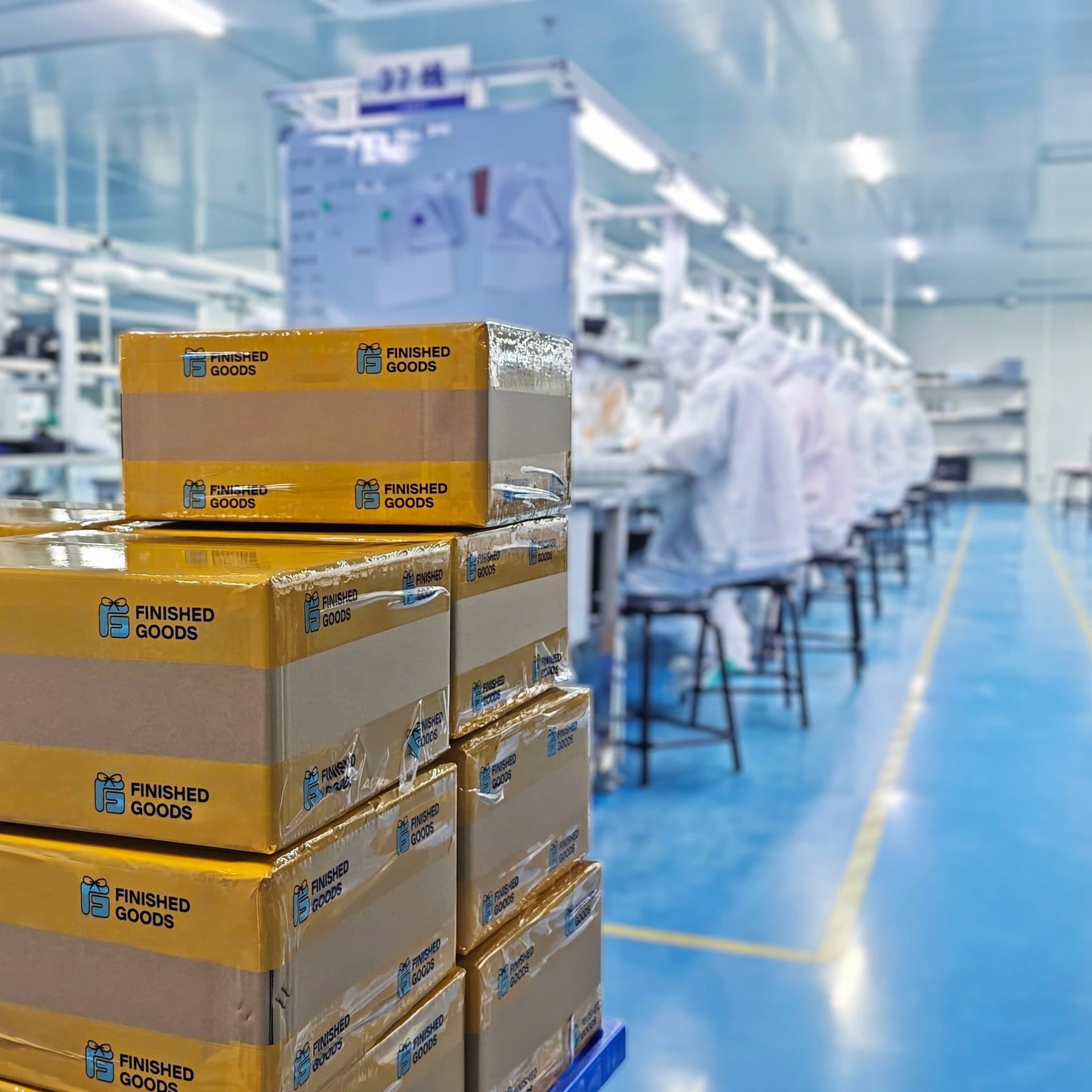 Finished Goods manufacturing facility with branded shipping boxes
