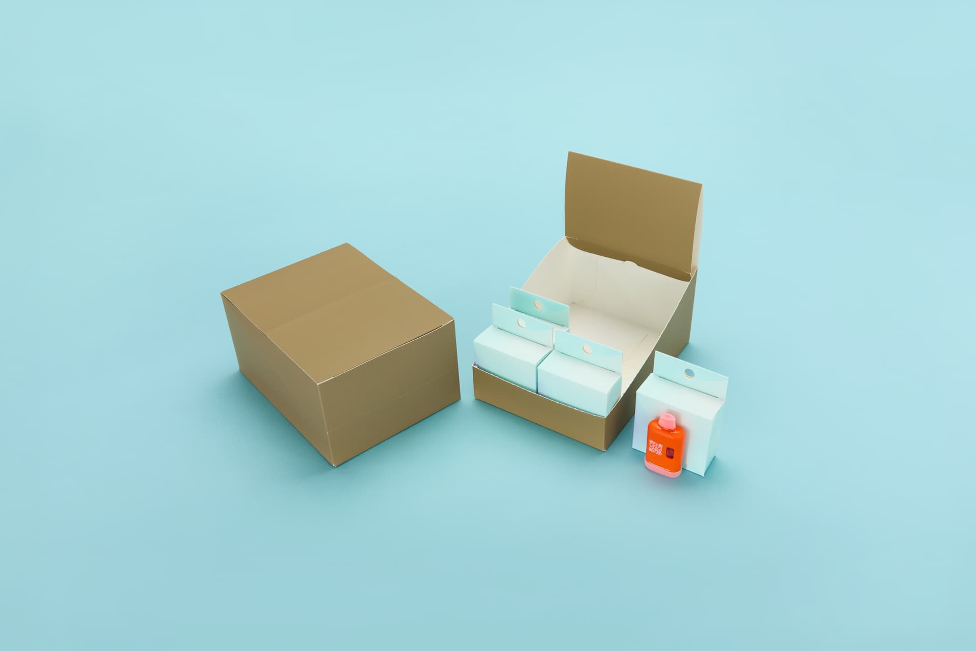 Peel N Tear vape packaging system showing parent box with individual vape boxes and device