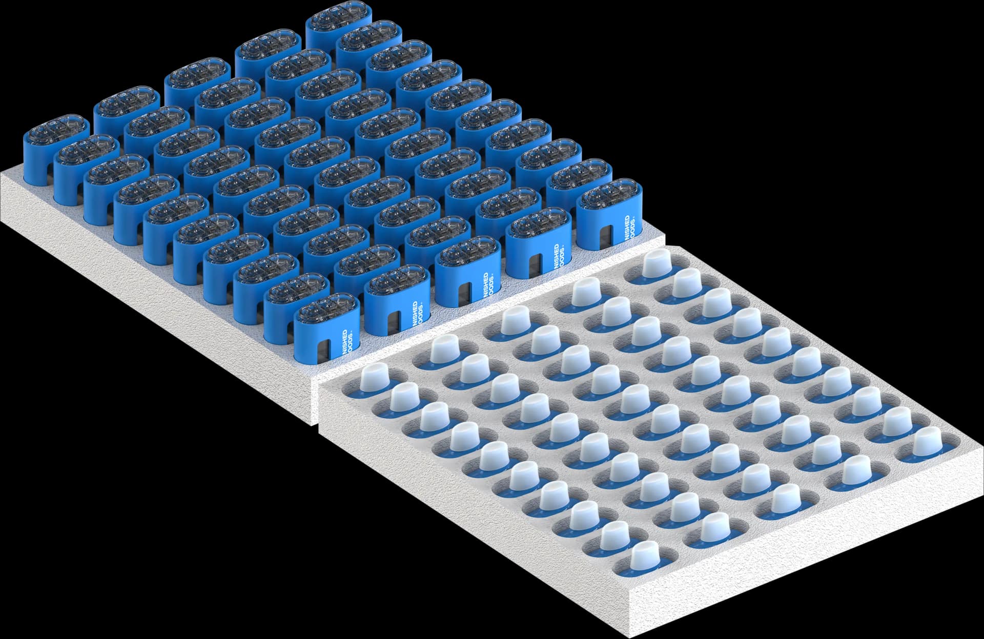 Supermini pre-racked in 50-unit foam tray for automated filling