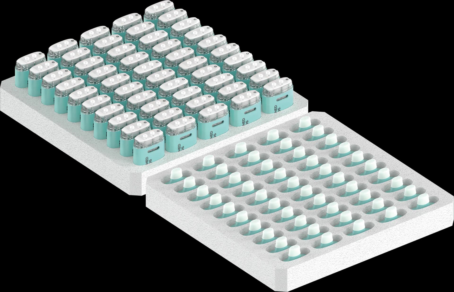 The XL pre-racked in 50-unit foam tray for automated filling
