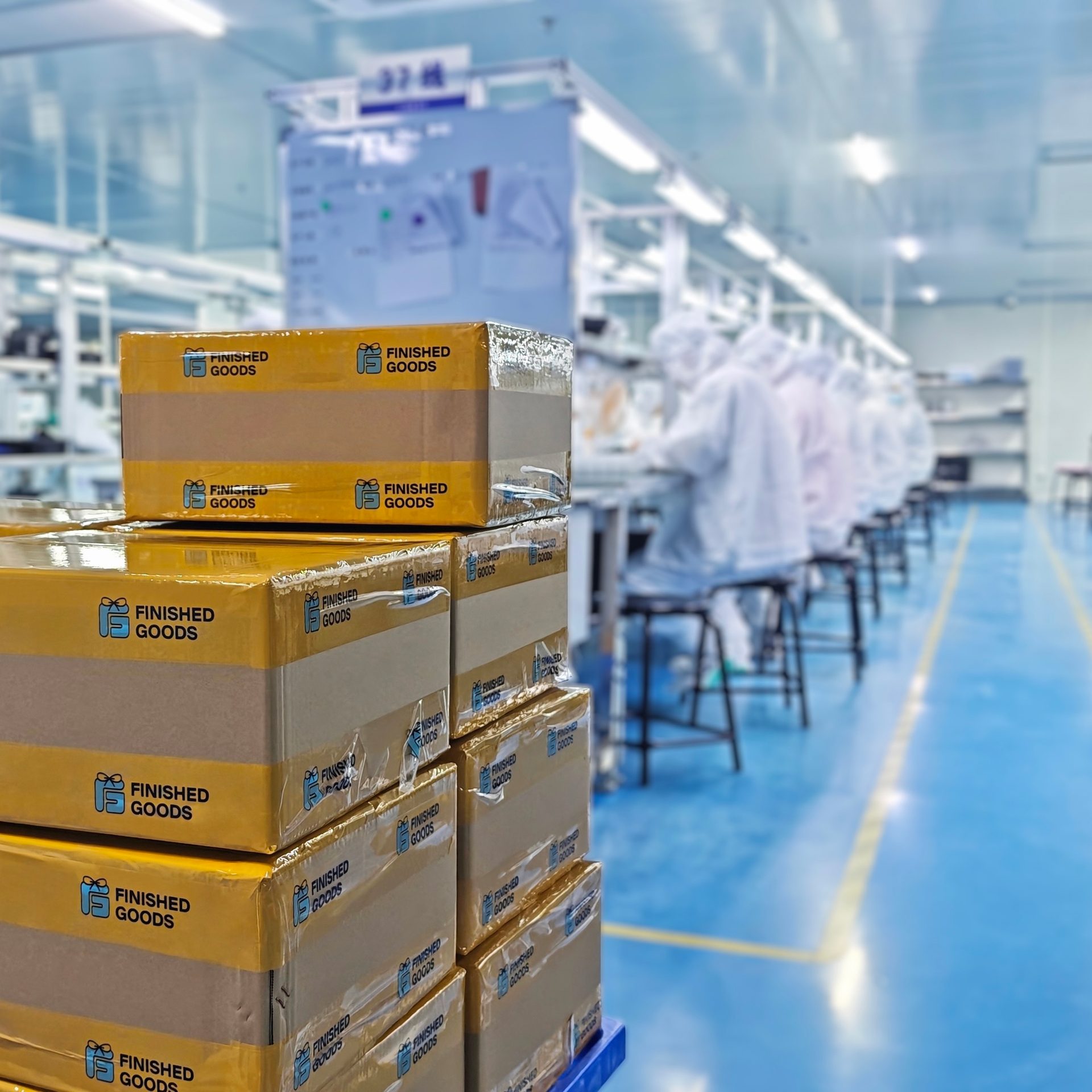Finished Goods manufacturing facility with branded shipping boxes
