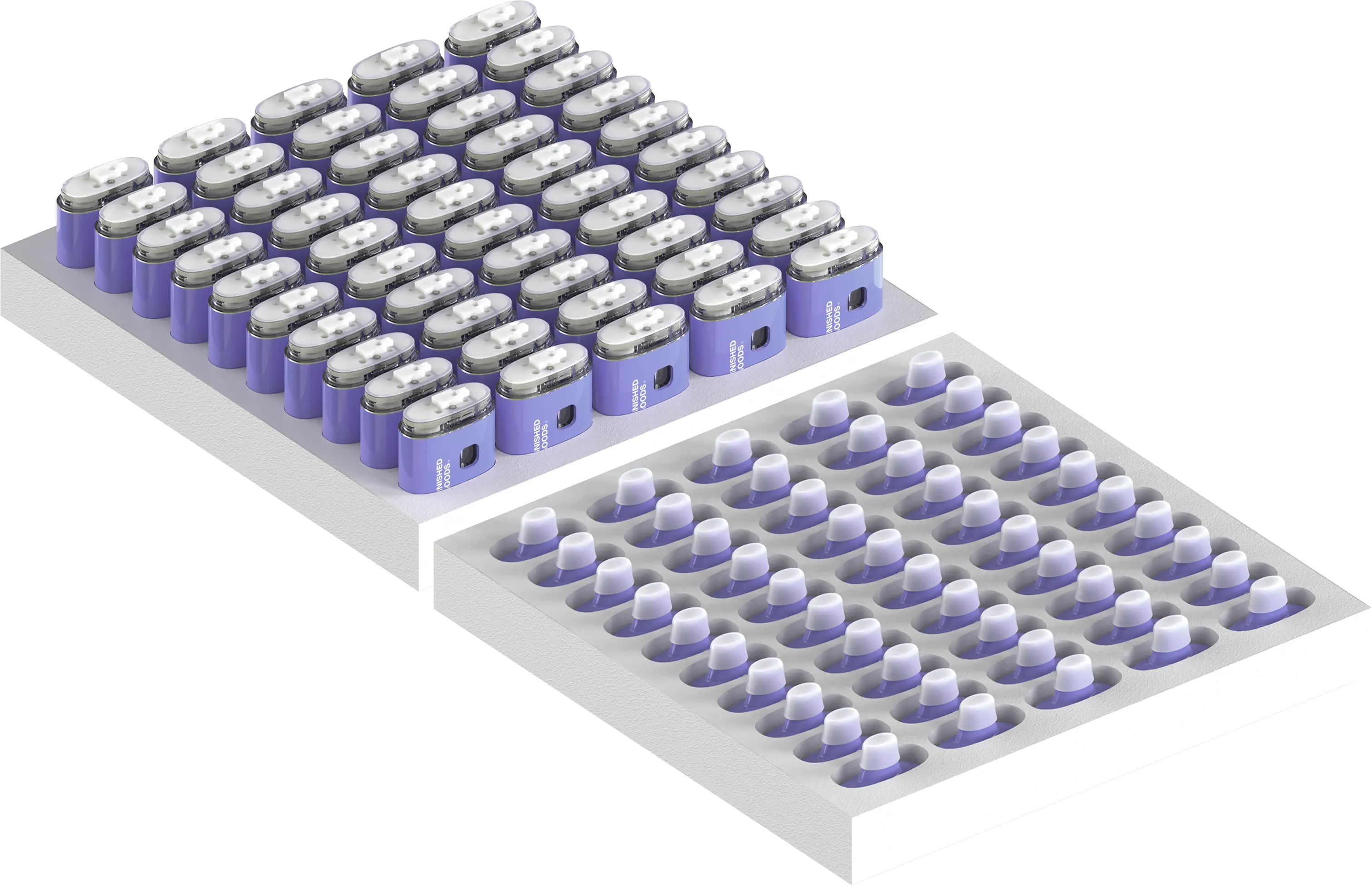 X Mini pre-racked in 50-unit foam tray for automated filling