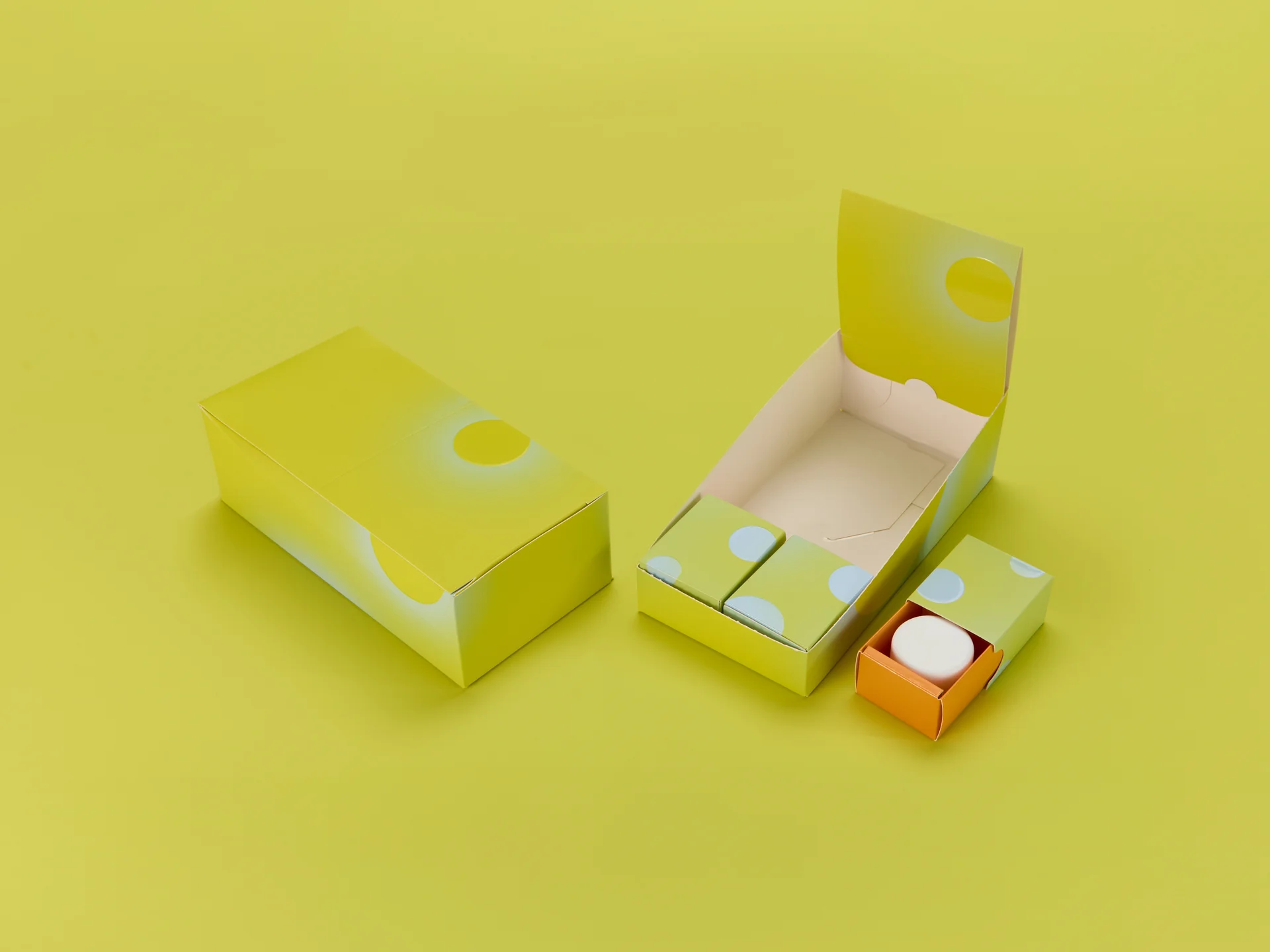 Concentrates slide box system with parent carton and individual boxes on yellow background