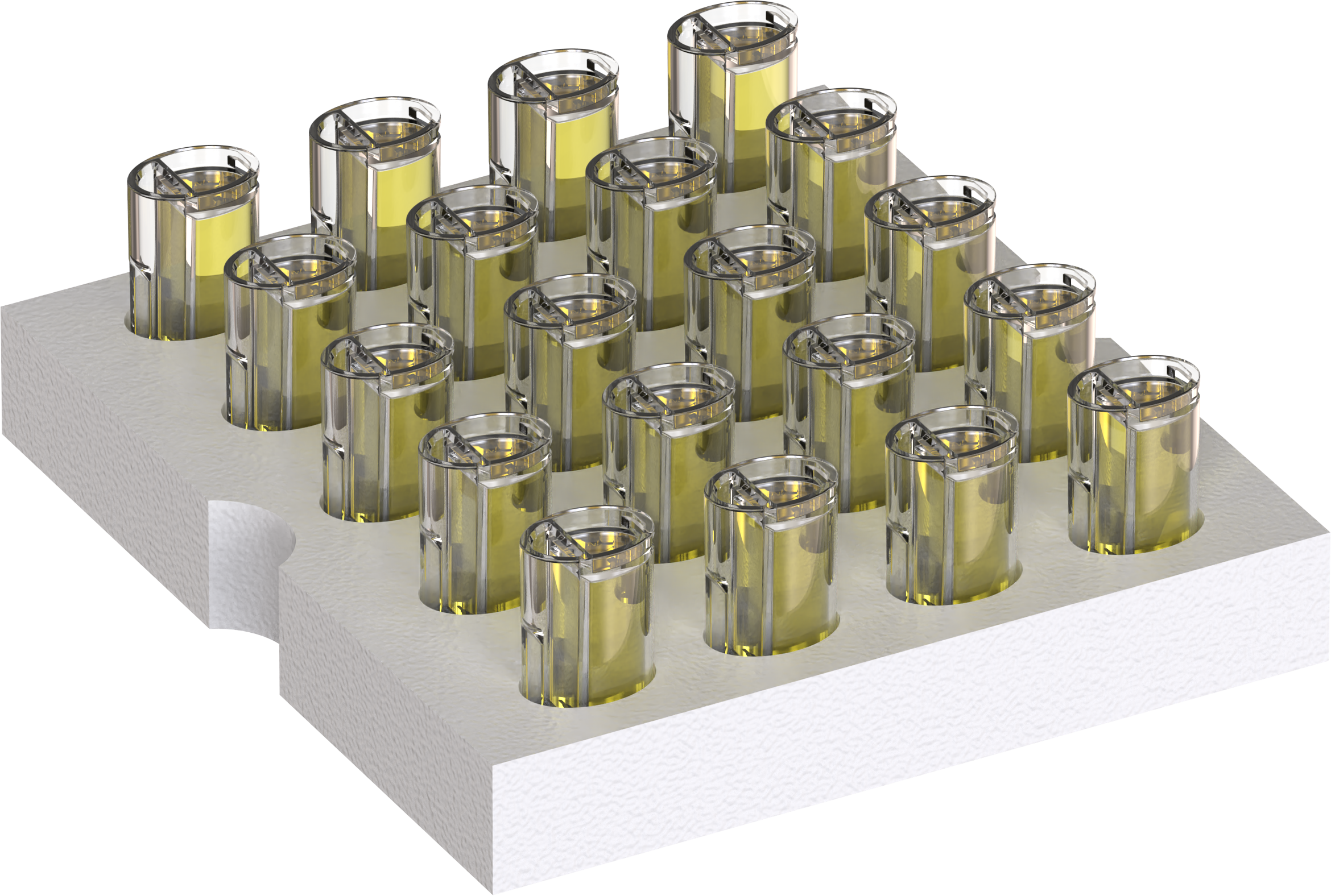 Pod System pre-racked in foam tray for automated filling