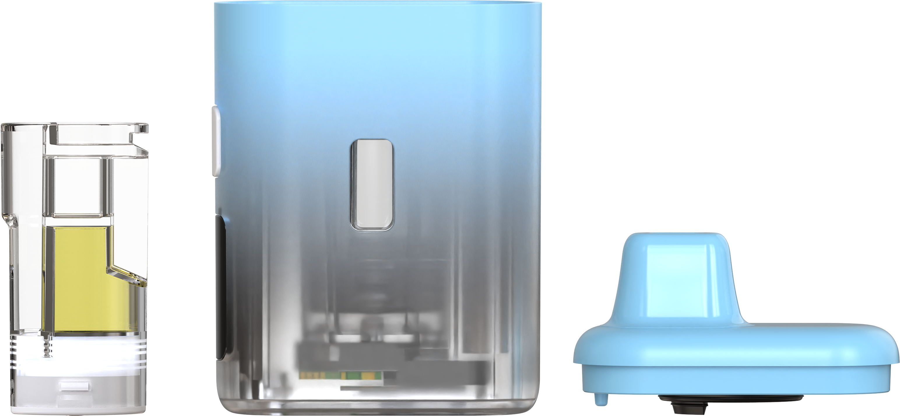 Pod cart, open battery case, and tip cap shown together