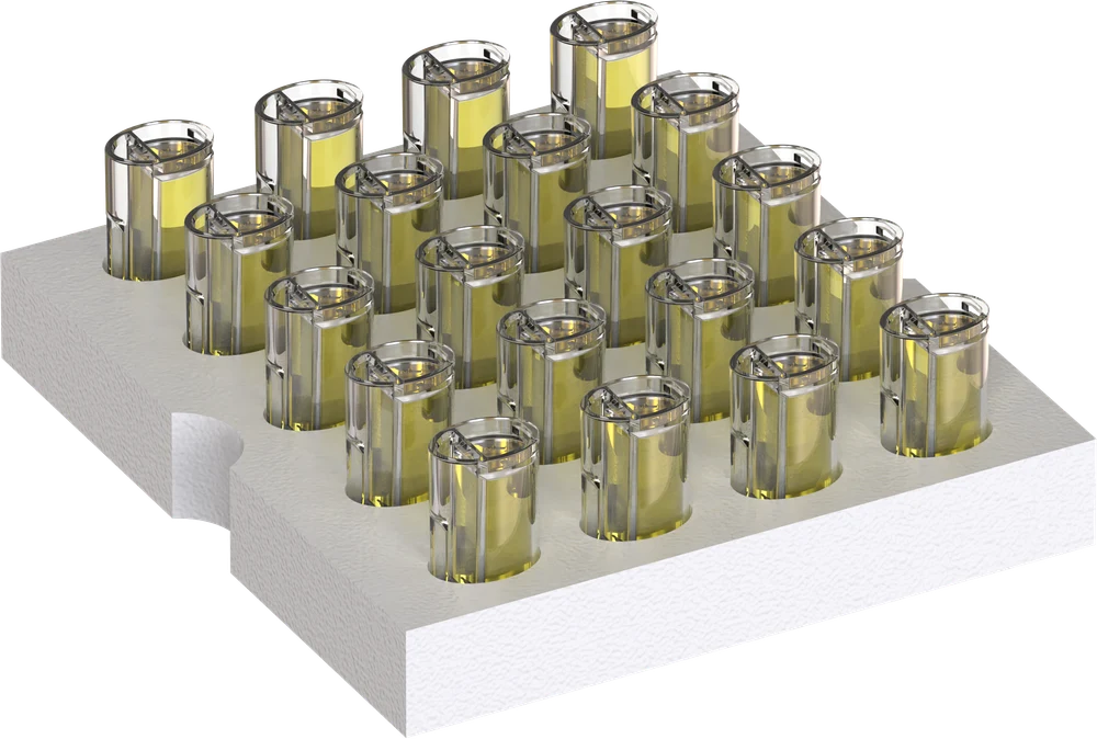 Pod System pre-racked in foam tray for automated filling